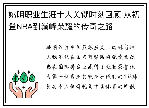 姚明职业生涯十大关键时刻回顾 从初登NBA到巅峰荣耀的传奇之路 姚明职业生涯十大关键时刻回顾 从初登NBA到巅峰荣耀的传奇之路