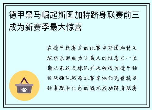 德甲黑马崛起斯图加特跻身联赛前三成为新赛季最大惊喜